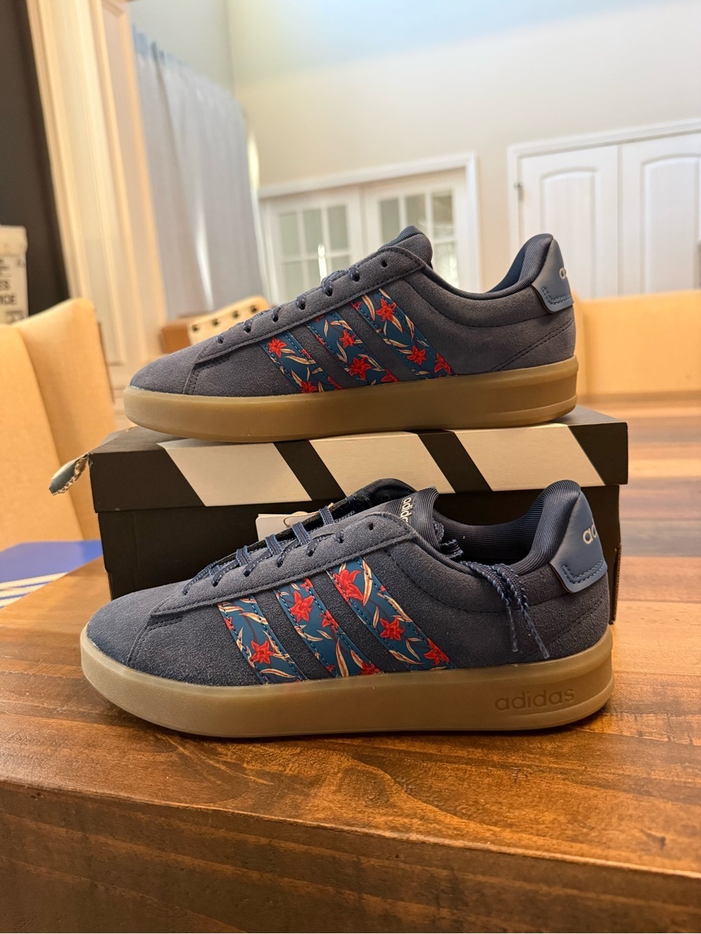 adidas Navy Suede Sneakers with Red Floral Stripes